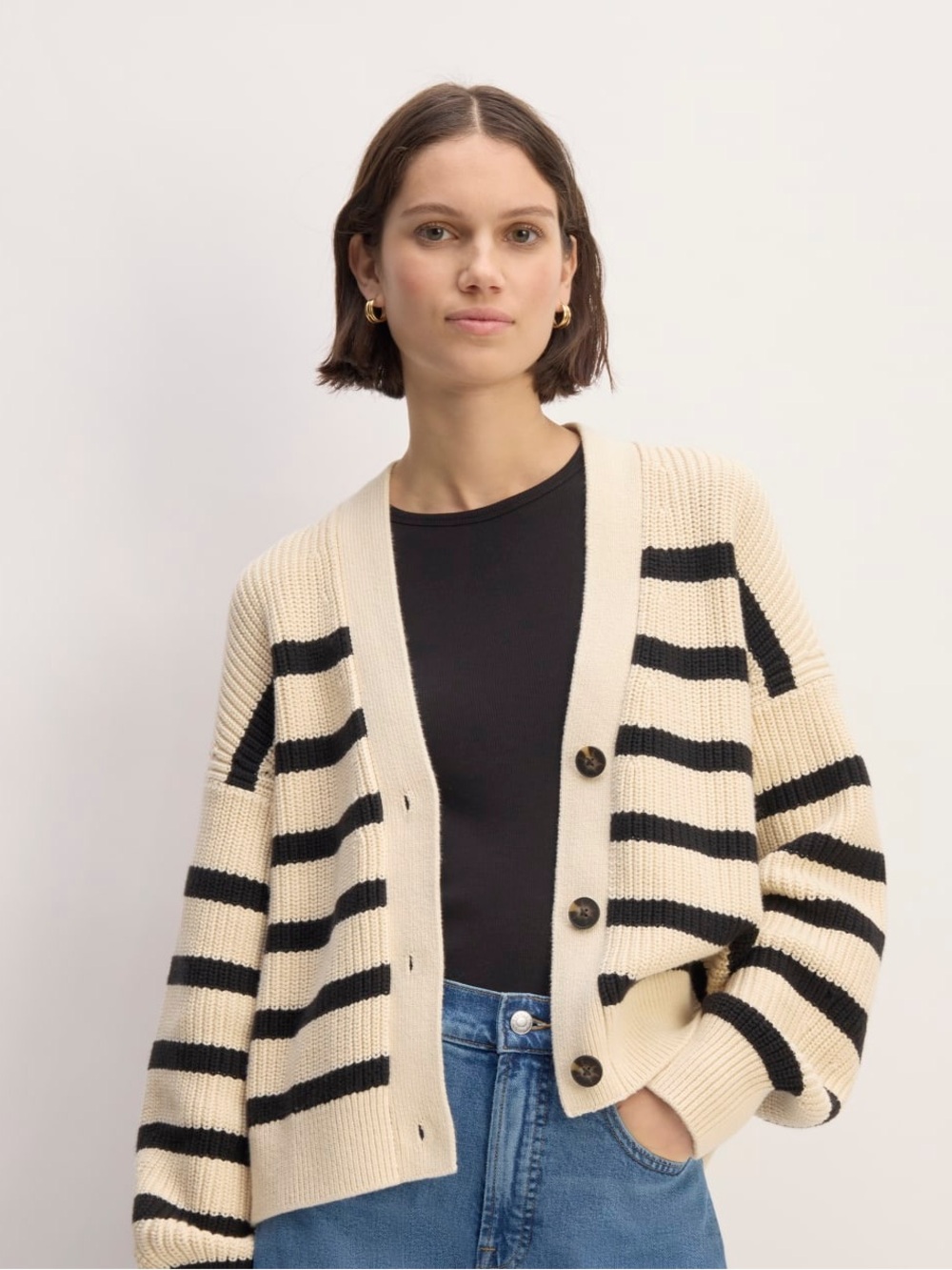 Everlane Striped Chunky Knit Cardigan Sweater - Cream & Black